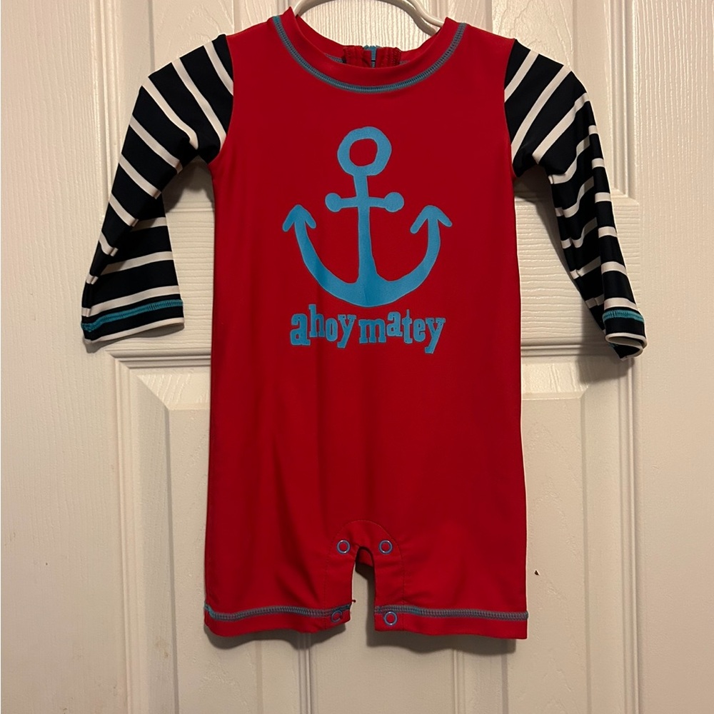 HATLEY - Baby 👶🏽 Boy’s 👦🏻 Rash Guard Nautical ⚓️ Red ”Ahoy Matey” Sz 6-12M